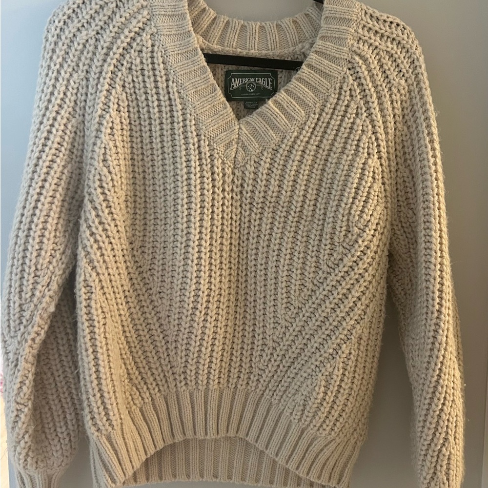 American Eagle Green label Cream V-Neck Chunky Knit Sweater